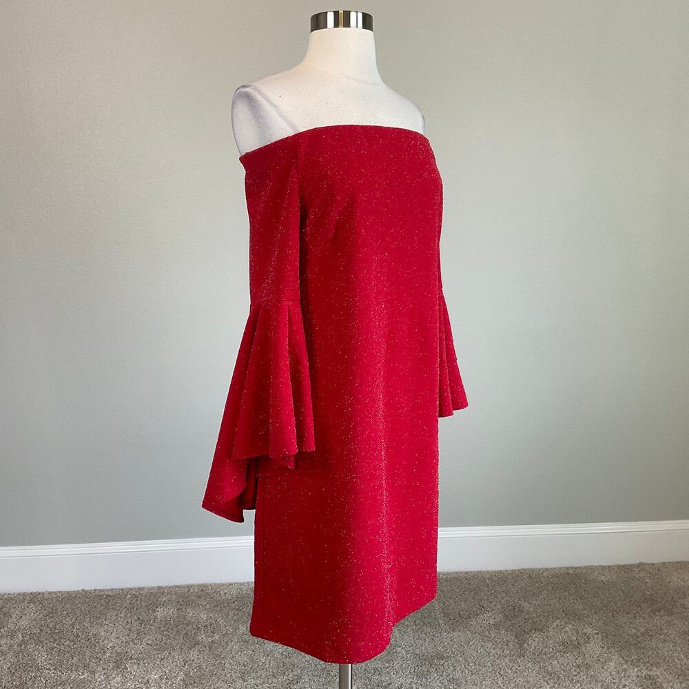 Vince Camuto Red Cocktail Dress Metallic Off the Shoulder Mini Sheath Size Large - Picture 3 of 11